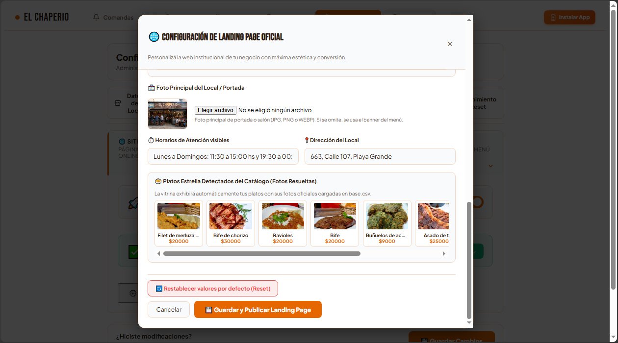 Editor de la Landing Page: foto de portada, horarios, dirección y platos estrella