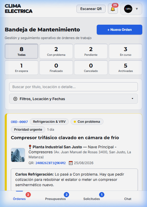 Bandeja de Órdenes en Celular — Vista del Técnico
